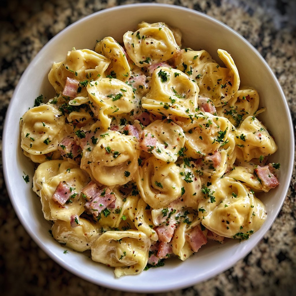 One Pot Creamy Garlic Tortellini with Ham